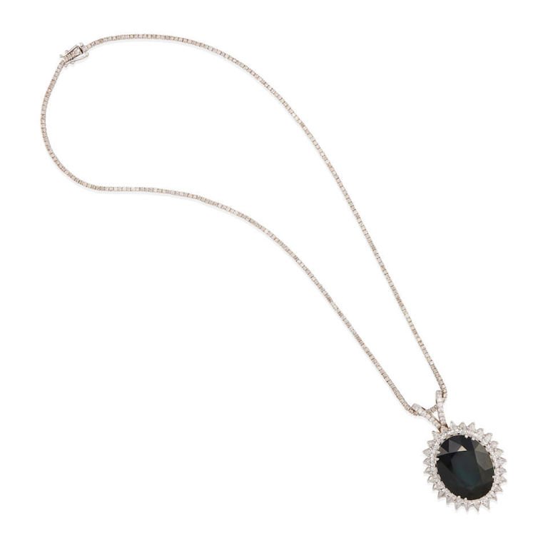 Gold, green sapphire and diamond pendant necklace