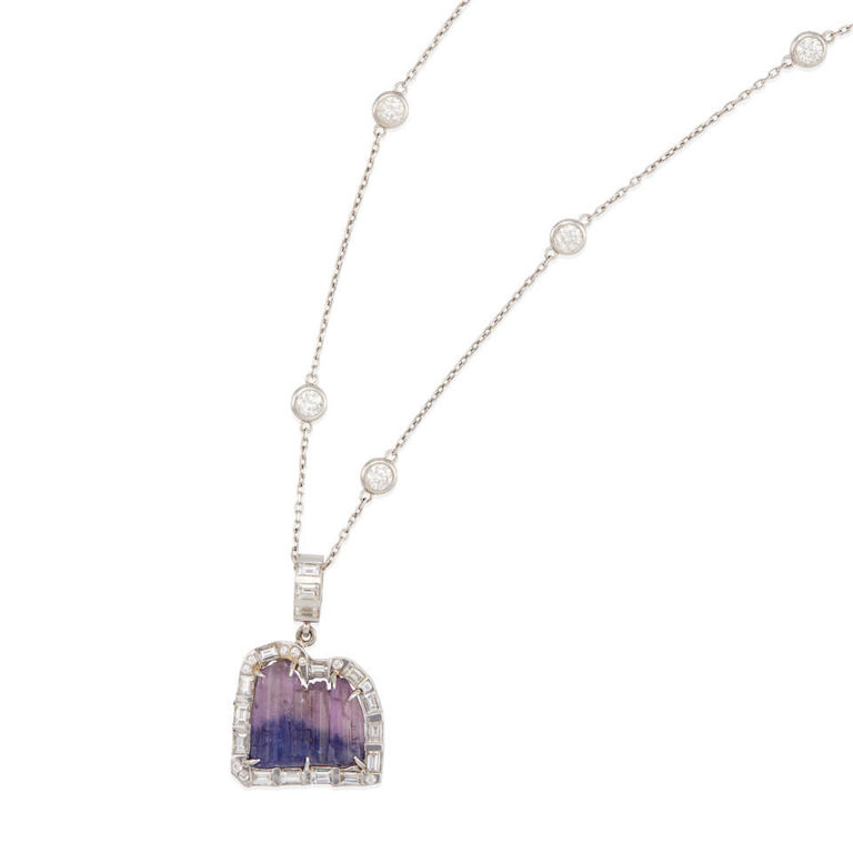 14k gold, bi-colored tourmaline and diamond pendant necklace