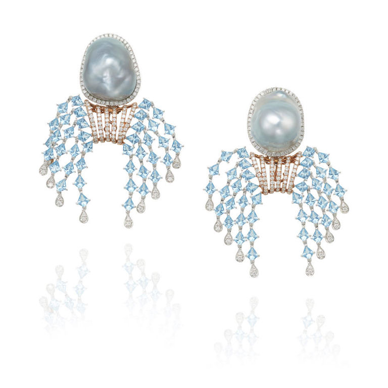 18k bi-color gold, cultured pearl, diamond and topaz earrings