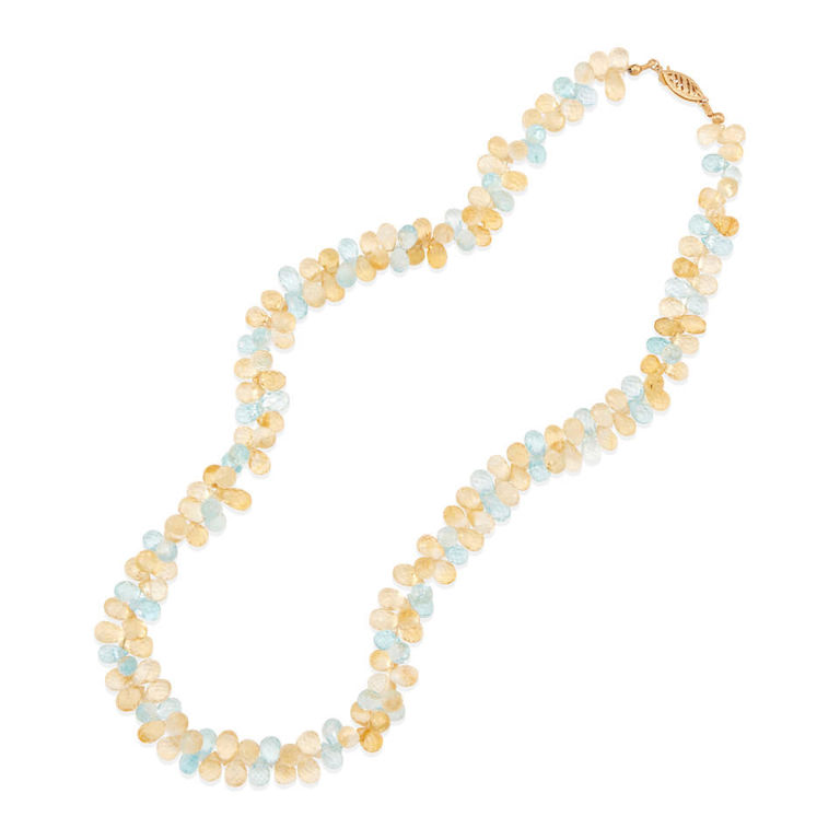 14k gold, citrine and blue topaz beaded necklace