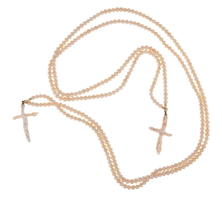 14k yellow gold pink pearl necklace with baroque pearl cross pendants