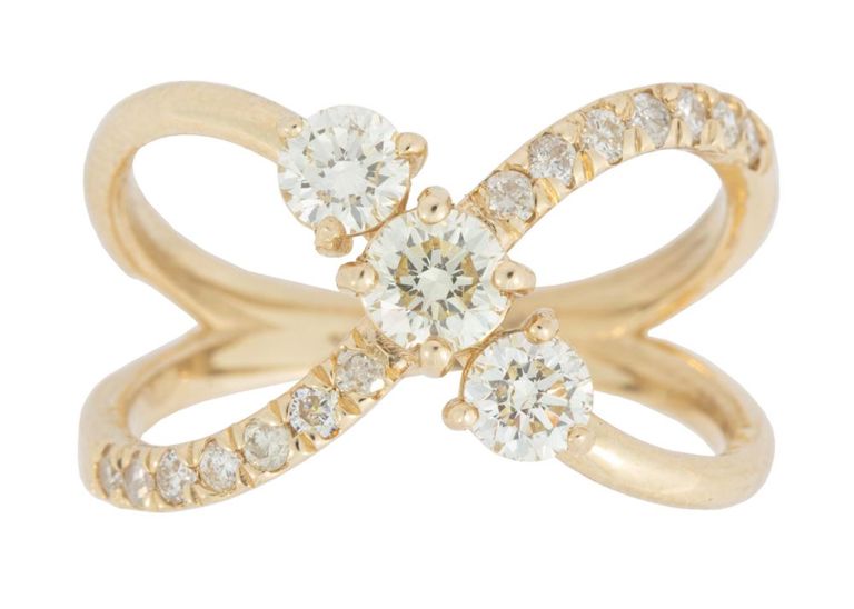 14k yellow gold diamond X form ring