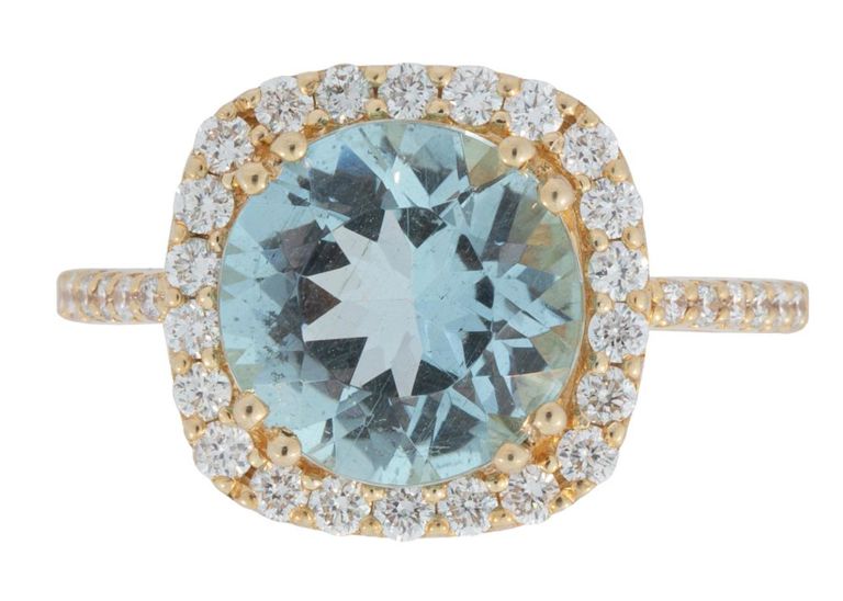 14k yellow gold aquamarine and diamond halo ring