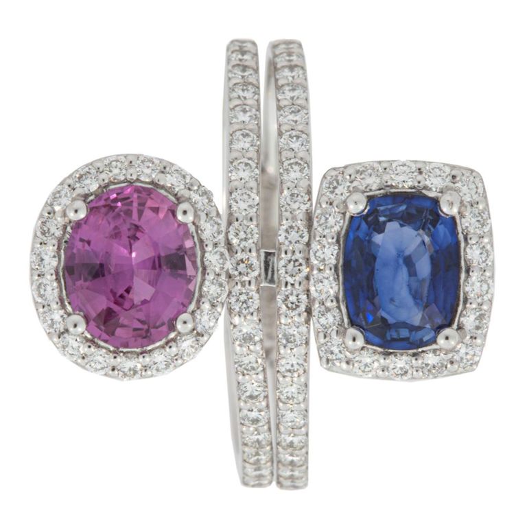 950 platinum pink and blue sapphire and diamond ring
