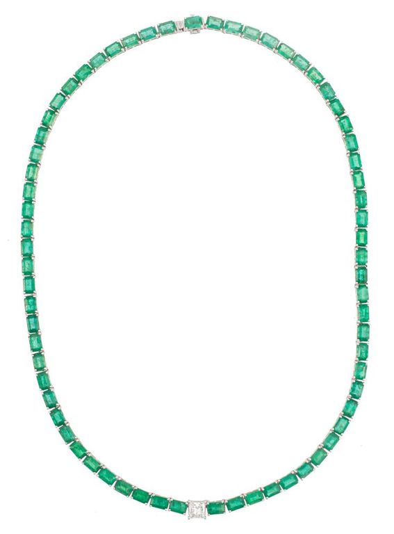 Platinum diamond and emerald necklace