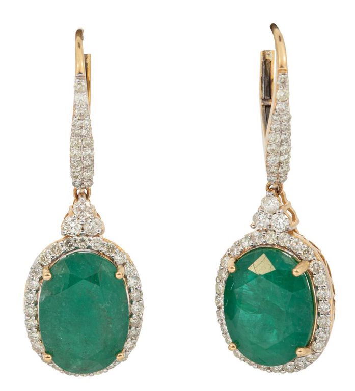 18k yellow gold emerald and diamond dangle earrings