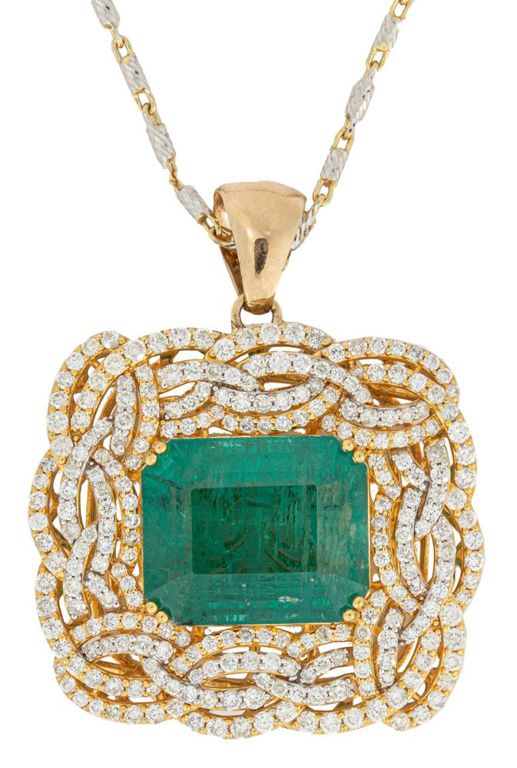14k yellow gold emerald and diamond pendant on necklace