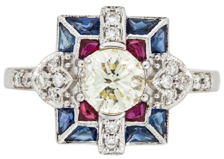 18k white gold diamond, ruby and sapphire ring