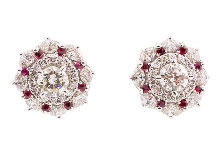 18k white gold diamond and ruby earrings