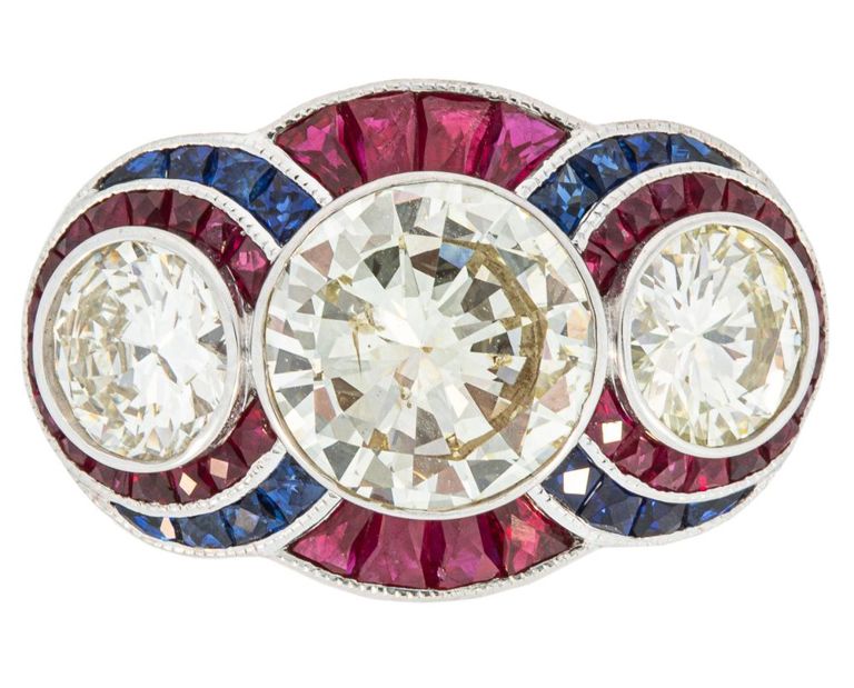 18k white gold diamond, ruby and sapphire ring