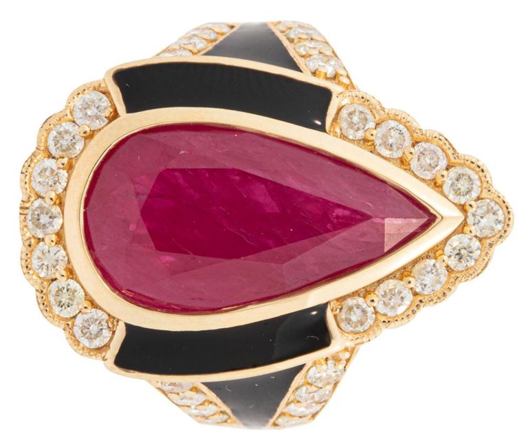 18k yellow gold ruby, diamond and enamel ring