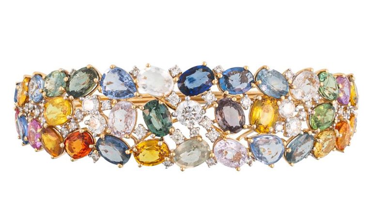 14k yellow gold multicolor sapphire and diamond bangle