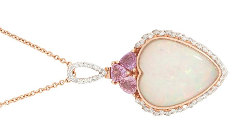 14k rose gold opal, pink sapphire and diamond pendant on necklace