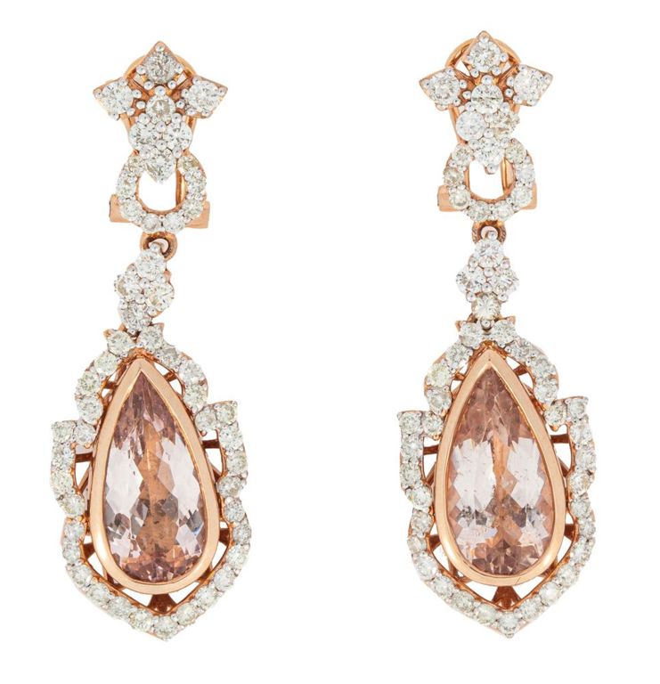 14k rose and white gold morganite and diamond dangle earrings