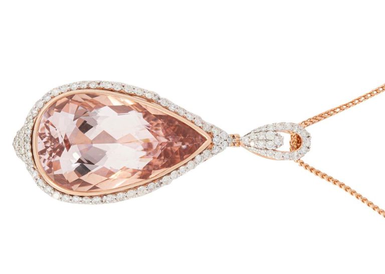 14k rose and white gold morganite and diamond pendant on necklace