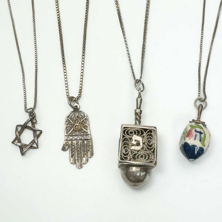 Lot of 4 Judaica sterling silver necklaces with pendants