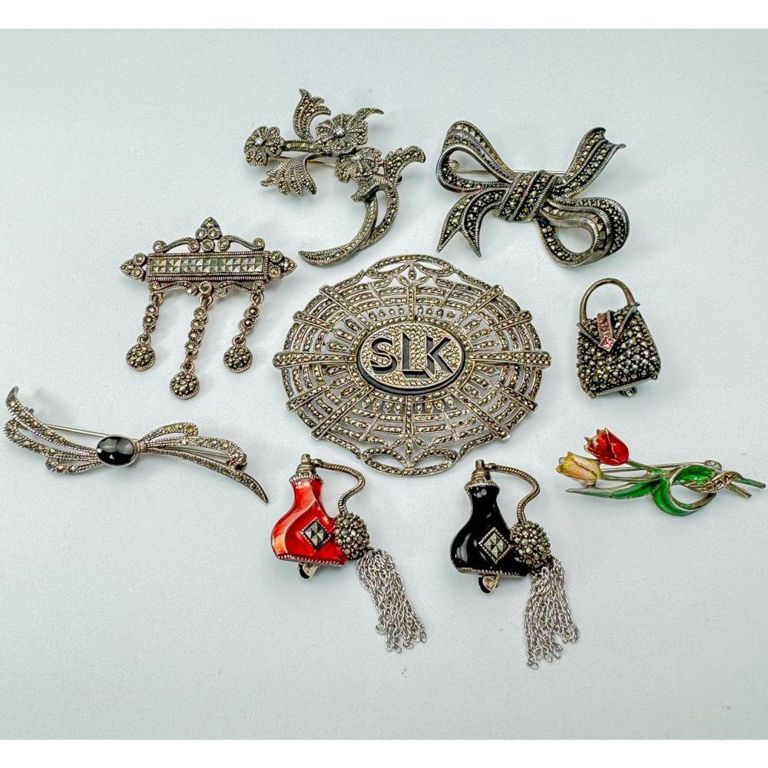 Lot of 9 silver and marcasite pins