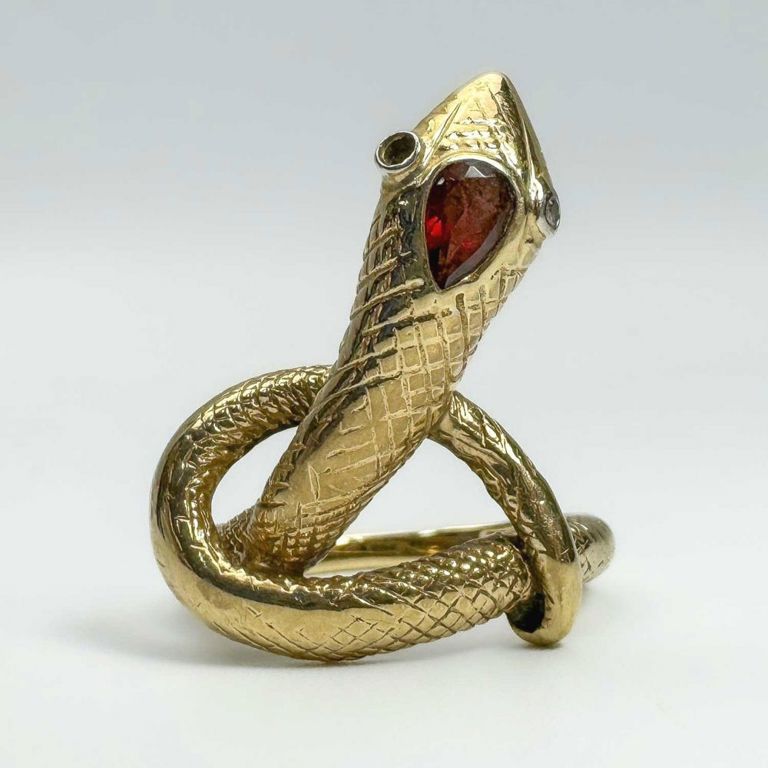 Large 14k gold diamond and garnet snake ring