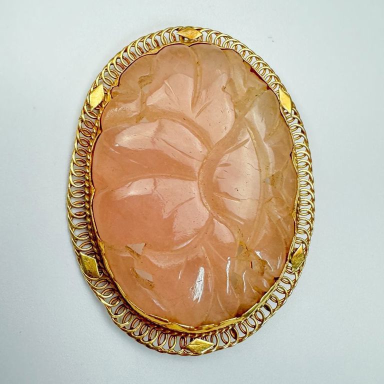 Large 14k gold and carved pink jade brooch pendant