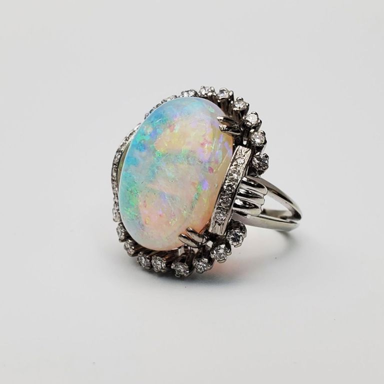 14k white gold ring with diamonds and opal