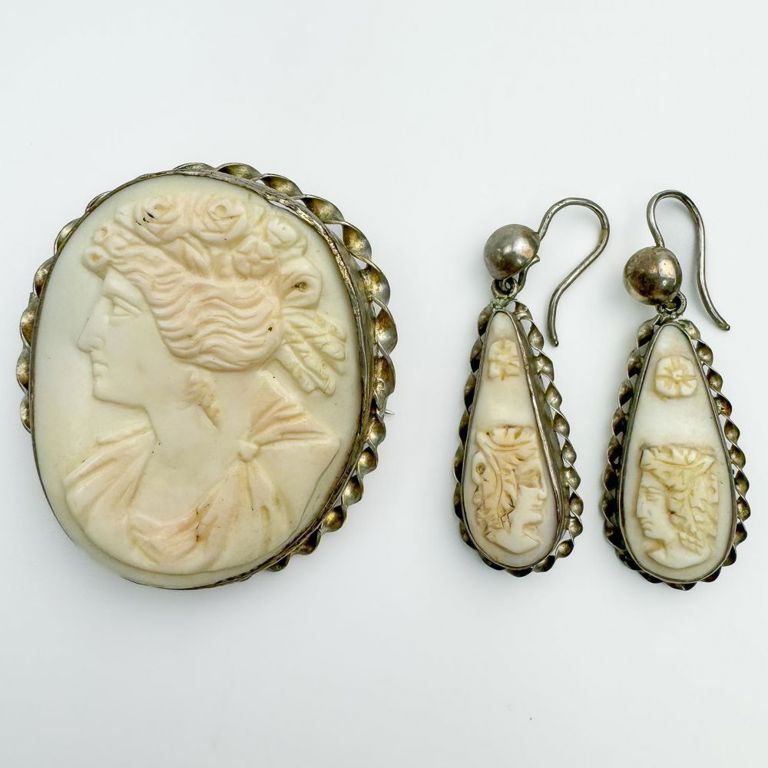 Vintage silver cameo brooch and earrings set with coral
