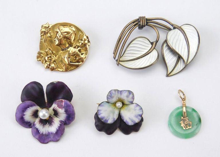 14k gold and silver pins and jade pendant