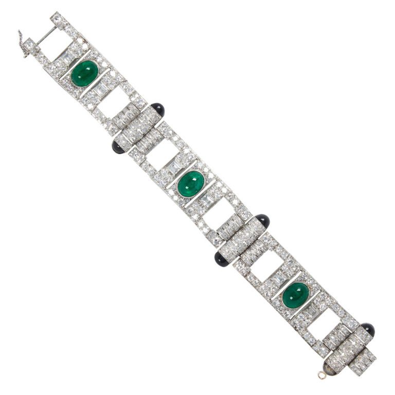 Platinum emerald diamond and chalcedony bracelet