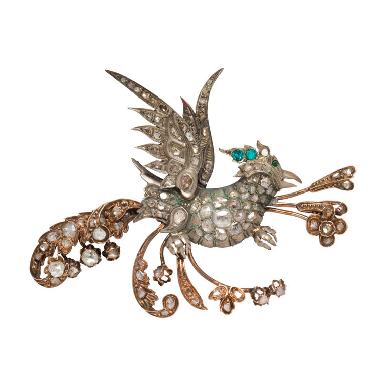 Diamond silver and 10k gold bird brooch