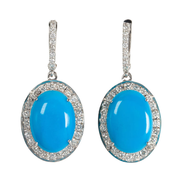 A pair of turquoise, diamond and 14k white gold earrings