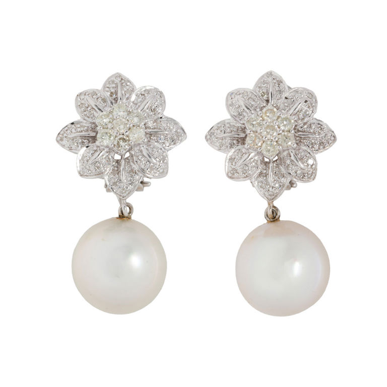 A pair of South Sea pearl, diamond and 18k white gold earrings