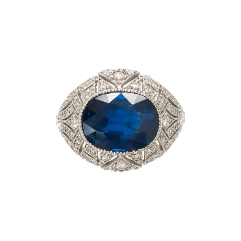 A sapphire, diamond and platinum ring