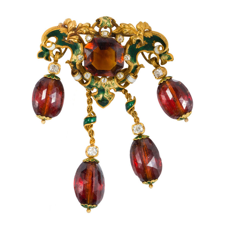 Victorian 15k gold citrine diamond enamel stomacher