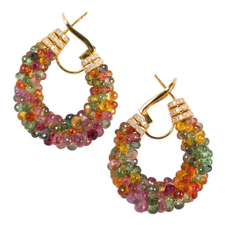 A pair of multi-color sapphire, diamond and 18k gold hoop earrings