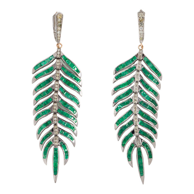 A pair of emerald, diamond and silver earrings