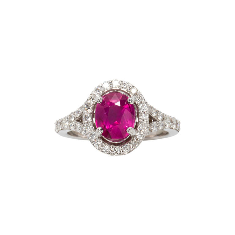 A ruby, diamond and 14k white gold ring