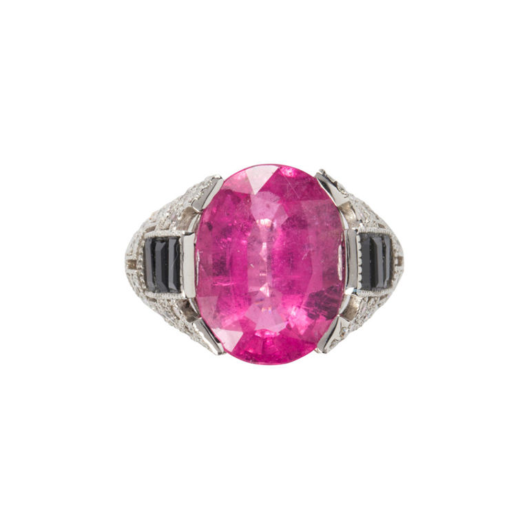 A pink tourmaline, diamond and platinum ring