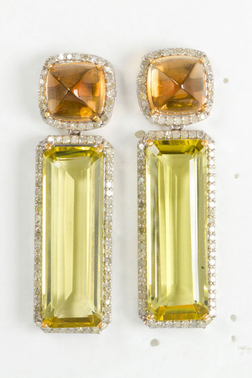 14k gold, silver earrings with lemon quartz, citrine, and diamond