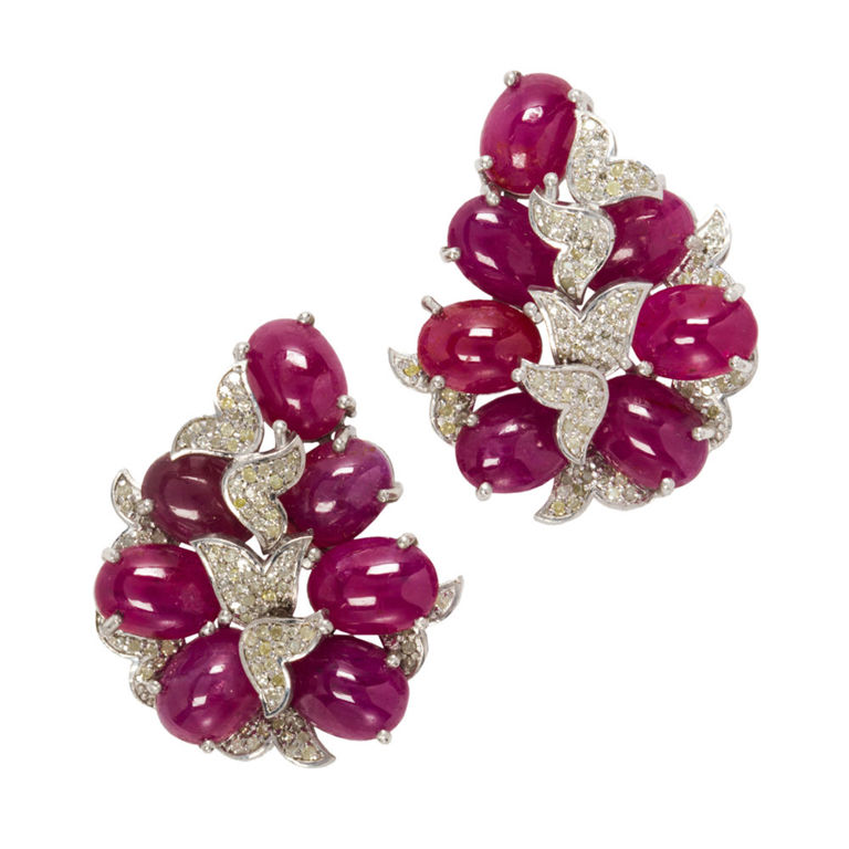 14k gold ruby diamond silver cluster earrings