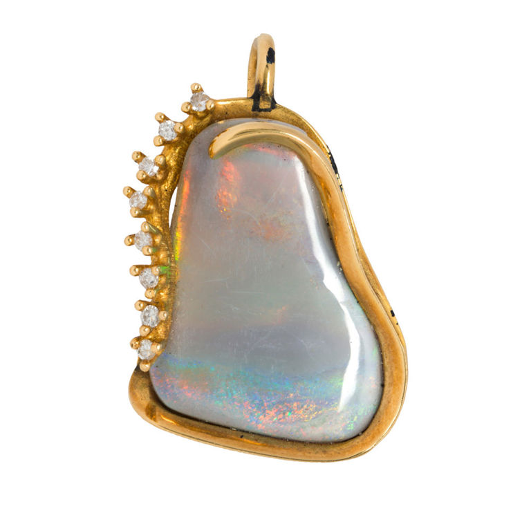 14k gold boulder opal diamond pendant