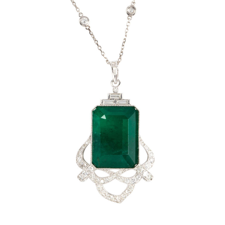 An emerald, diamond and platinum pendant necklace