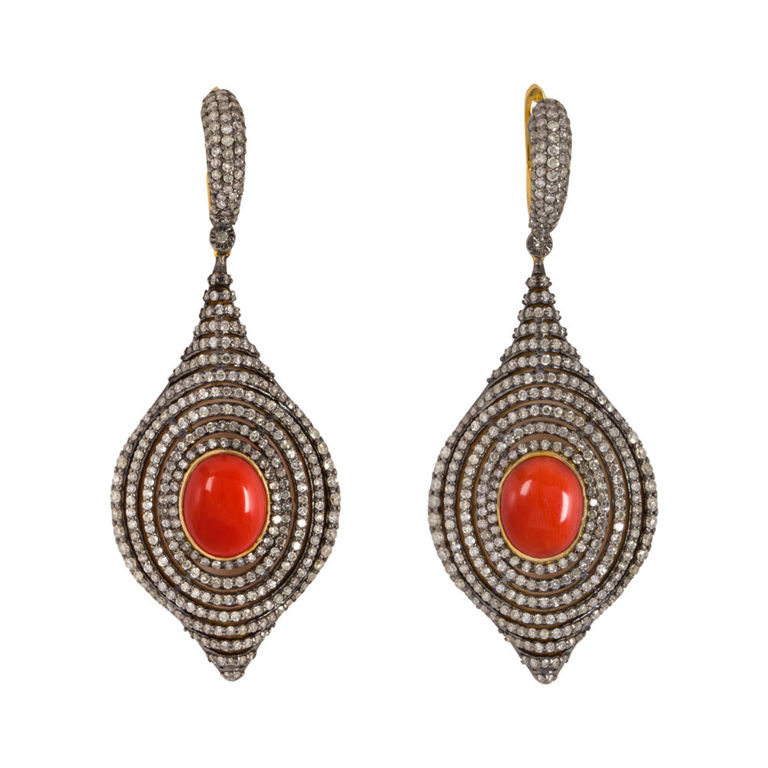 14k gold silver coral and diamond earrings