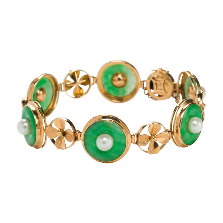 14k gold jadeite and cultured pearl disc bracelet