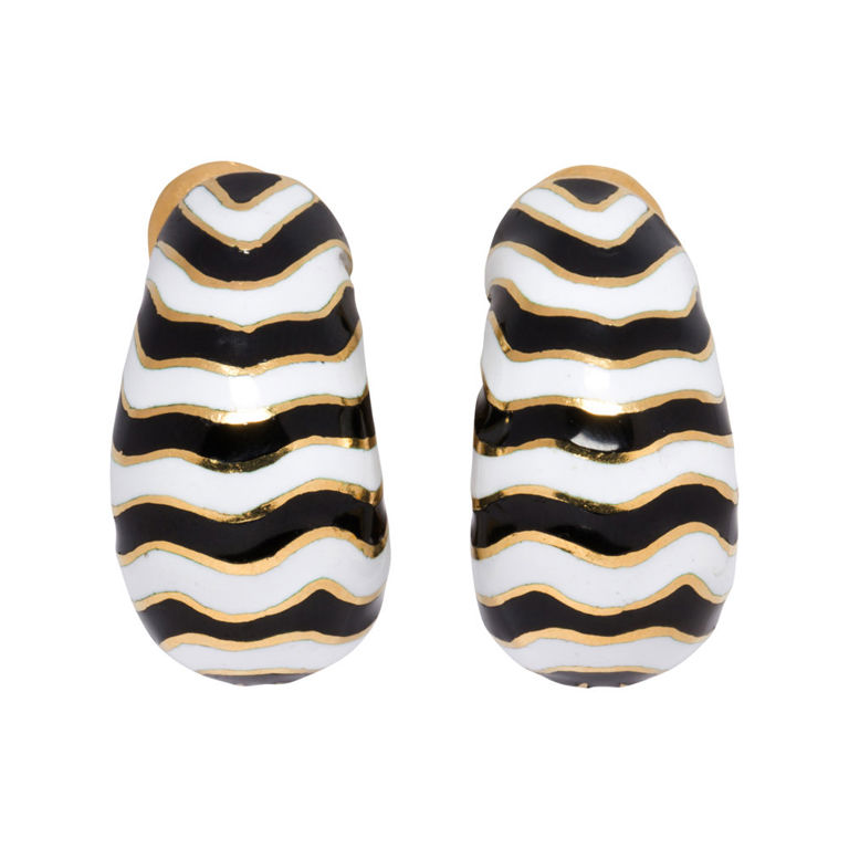 David Webb enamel and 18k gold zebra clip earrings