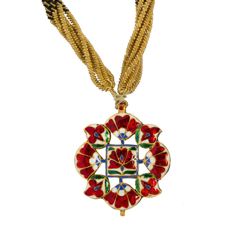 High karat gold gemstone and enamel floral motif necklace