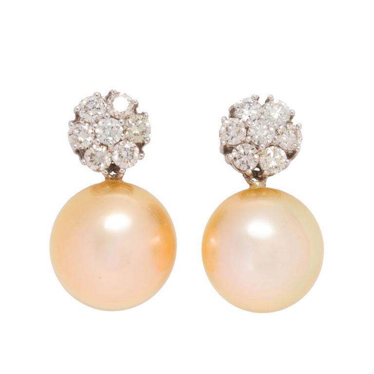 Diamond and golden South Sea pearl earrings