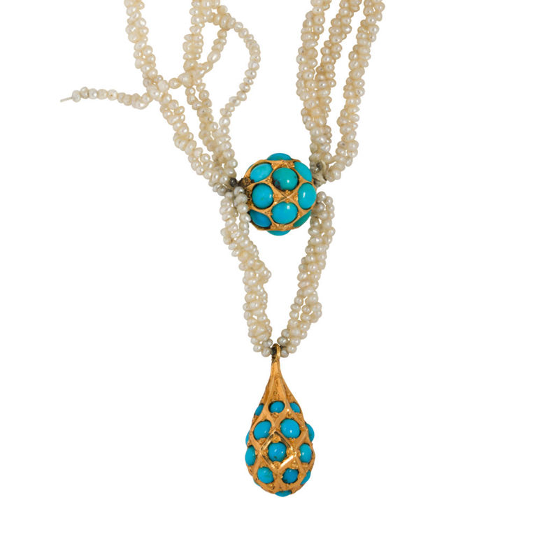 14k gold seed pearl and turquoise necklace