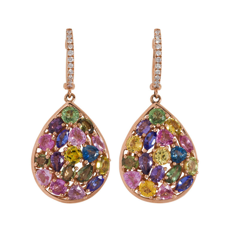 14k rose gold multi-color sapphire and diamond earrings