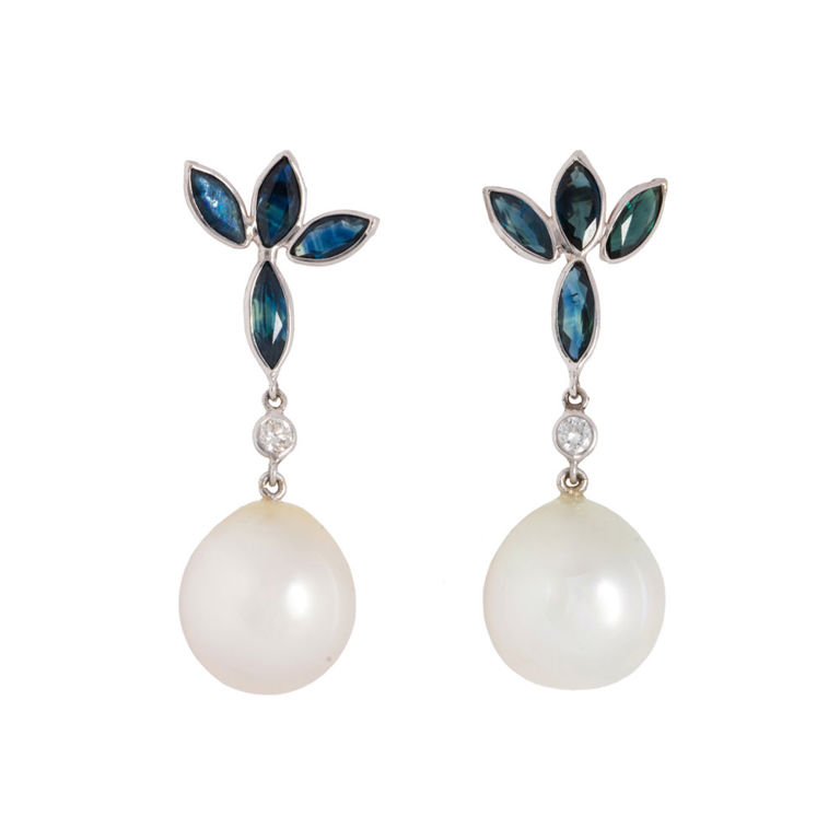 14k white gold South Sea pearl and sapphire earrings