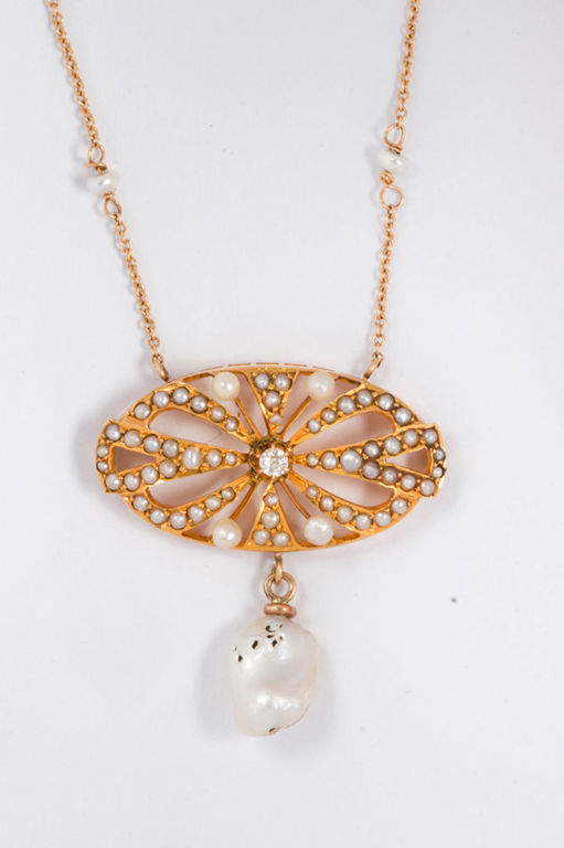 14k gold antique pearl and diamond necklace