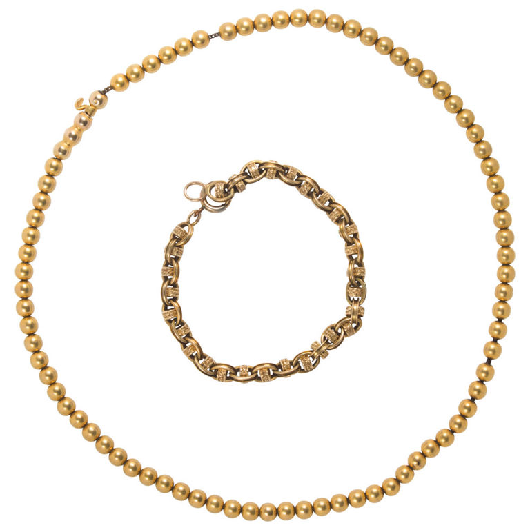 14k gold bead necklace and fancy-link bracelet